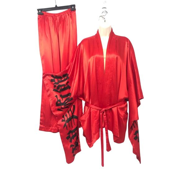 Alambic Other - Alambic Red Asian Inspired Loungewear Set Pants and Open Front Tie Waist Robe